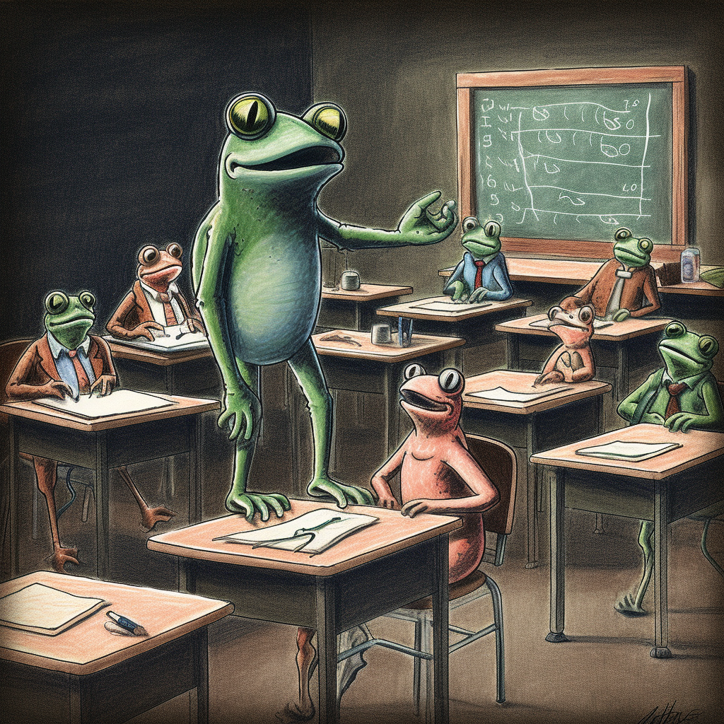 A illustration of a frog in a classroom standing on a desk teaching his students