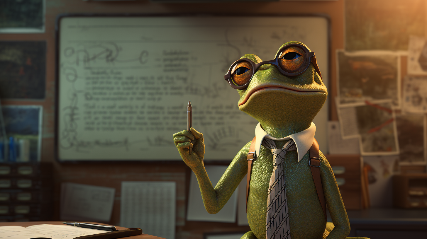 CGI Model of a Frog Teacher standing in front of a whiteboard